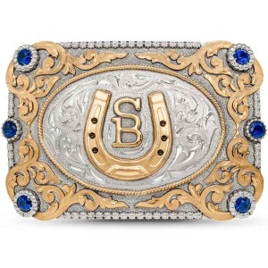 A custom belt buckle featuring a ranch brand or logo on a german silver hand engraved silver plated base with bronze scrolls 